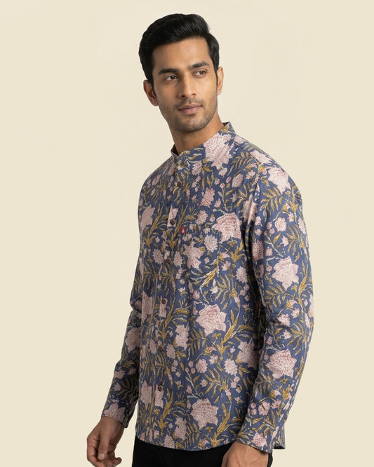 Blue White Floral Block Printed Shirt