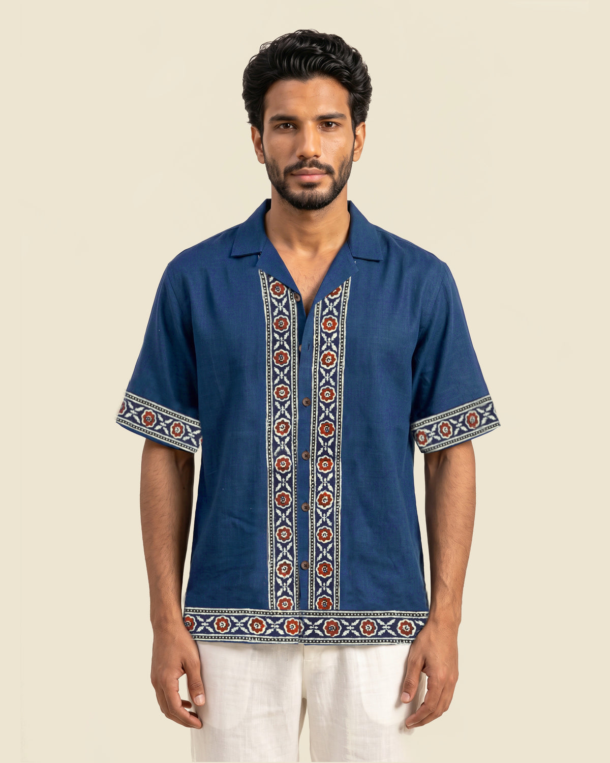 Blue Cuban Collar Block Print Bush Shirt
