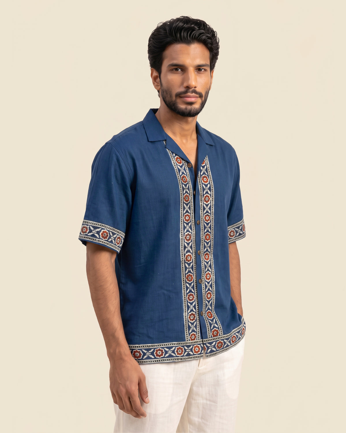 Blue Cuban Collar Block Print Bush Shirt
