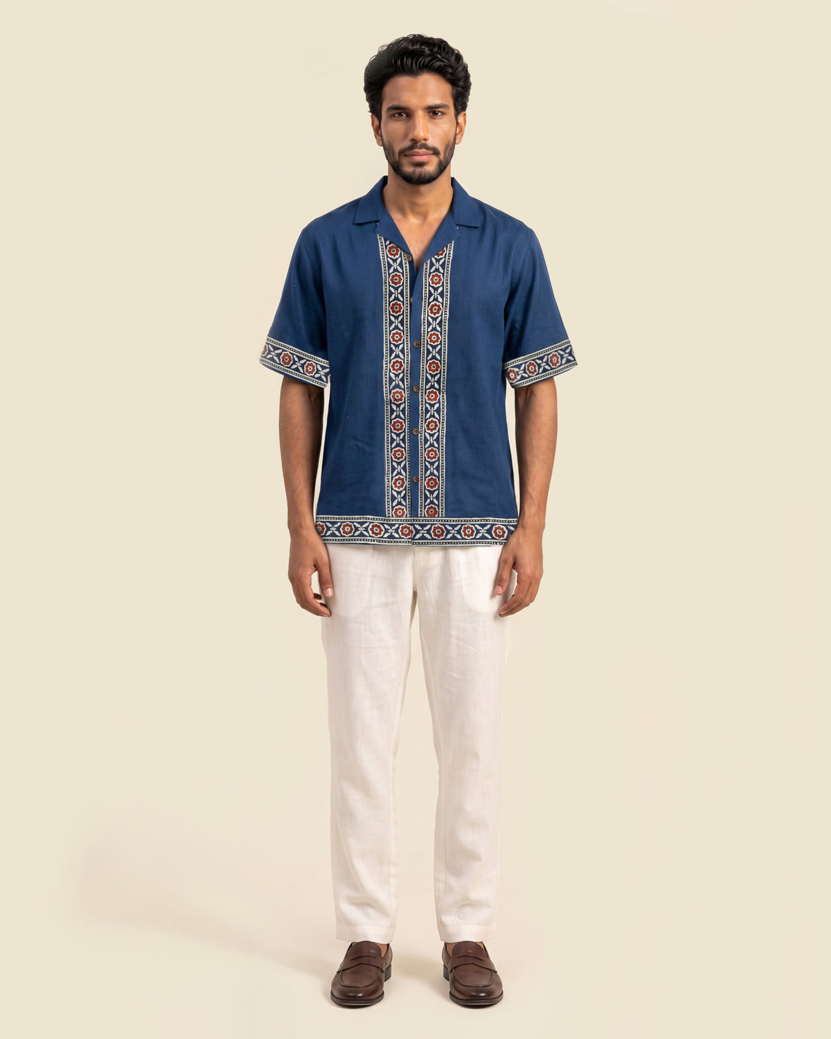 Blue Cuban Collar Block Print Bush Shirt