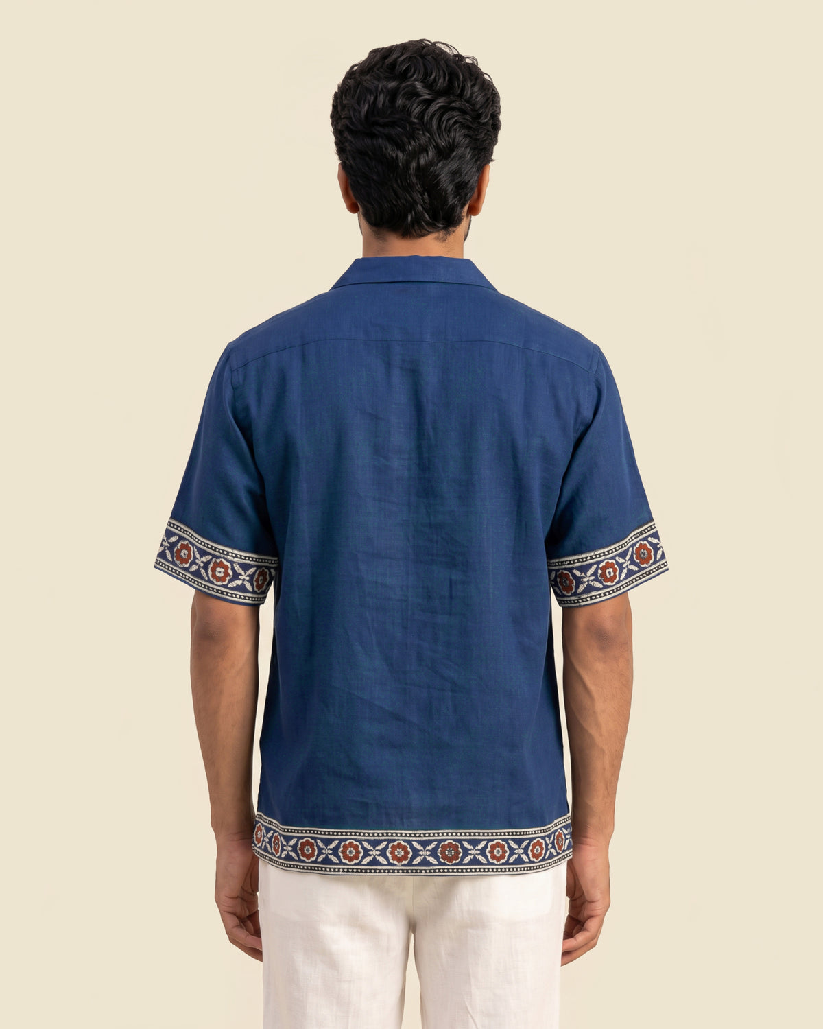 Blue Cuban Collar Block Print Bush Shirt