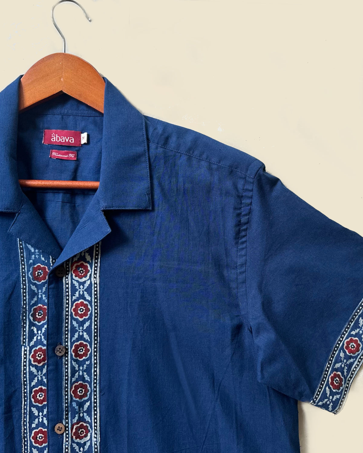 Blue Cuban Collar Block Print Bush Shirt
