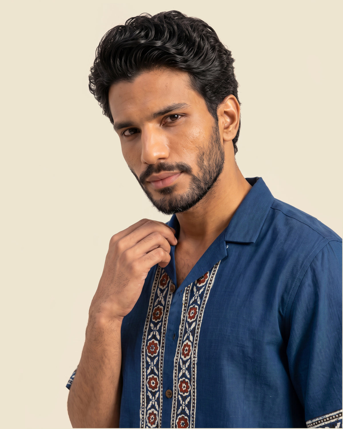 Blue Cuban Collar Block Print Bush Shirt